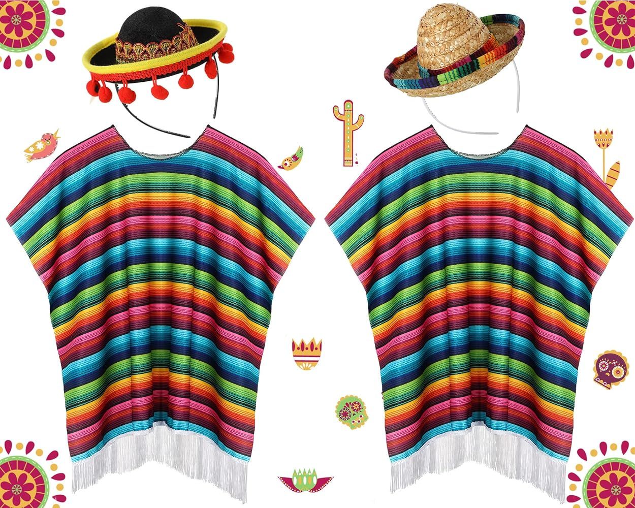 4 Pcs Cinco De Mayo Mexican Fiesta Serape Poncho Fabric and Straw Sombrero Headbands Mexican Cost... | Amazon (US)