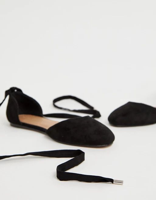 ASOS DESIGN Wide Fit Voyage tie leg ballet flats in black | ASOS (Global)