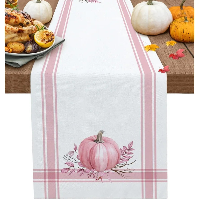 Fall Thanksgiving Table Runner Pumpkin Leaf Branch Runners for Dining Tables Pink Stripes Autumn ... | Walmart (US)