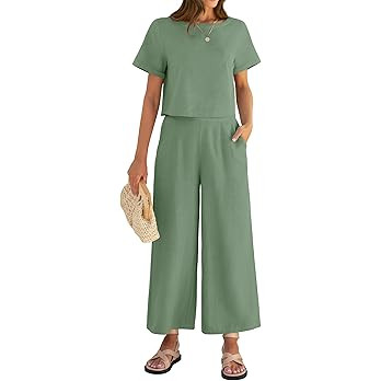 ZESICA Women's 2 Piece Outfits Linen Short Sleeve Crop Top and High Waist Pants Lounge Matching S... | Amazon (US)