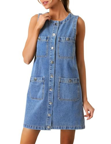 POLIRO Denim Dress for Women, Sleeveless Jean Dress Button Down Dresses Casual Summer Denim Mini Dresses with Pockets | Amazon (US)