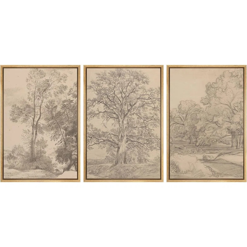 Vintage Forest Tree Sketch Country Farmhouse Nature Landscape Framed Canvas 3 Pieces Print Wall A... | Wayfair North America