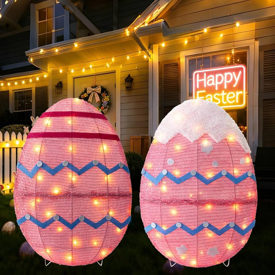 Outdoor Easter Decorations Yard Decor, Set of 2 Lighted Metal Eggs, 34 Inch, Lights Plug in LEDs ... | Amazon (US)