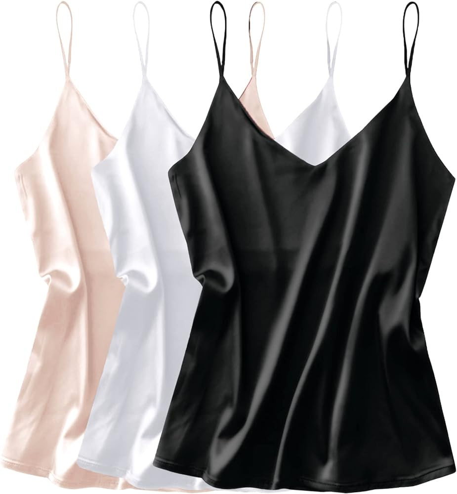 Ekouaer 3 Pack: Womens Silk Satin Tank Top V Neck Camisole Cami Spaghetti Strap Top Loose Sleevel... | Amazon (US)
