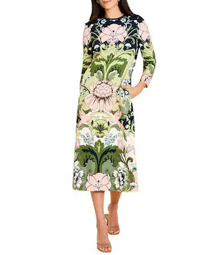 Mestiza New York Consuela Stretch Crepe Bold Botanical Print Crew Neck 34 Sleeve Midi Dress -  M | Dillard's