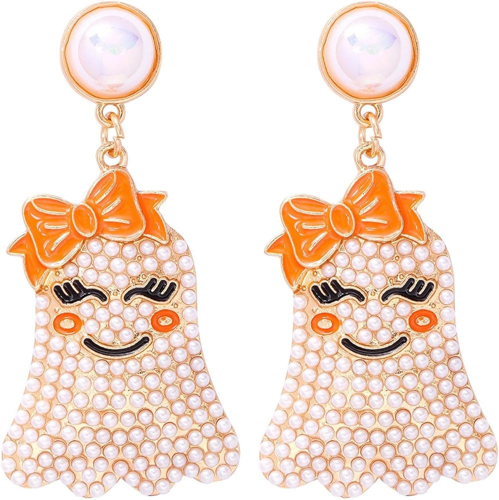 Cute Halloween Ghost Beaded Dangle Earrings Colorful Rhinestone Pearl Beaded Earrings for Women G... | Amazon (US)