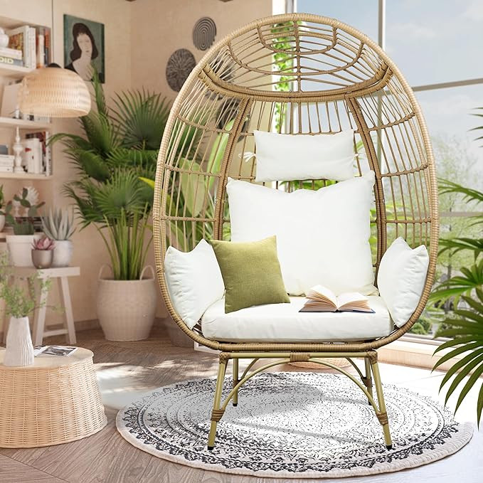 Wicker Egg Chair, Patio Egg Chair Indoor, All-Weather Oversized Rattan Egg Lounge Chairs for Livi... | Amazon (US)