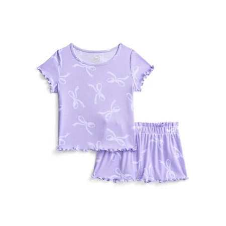 Wonder Nation Girls Ribbed Short Sleeve Top and Shorts Pajama Set, 2-Piece, Sizes 4-18 | Walmart (US)