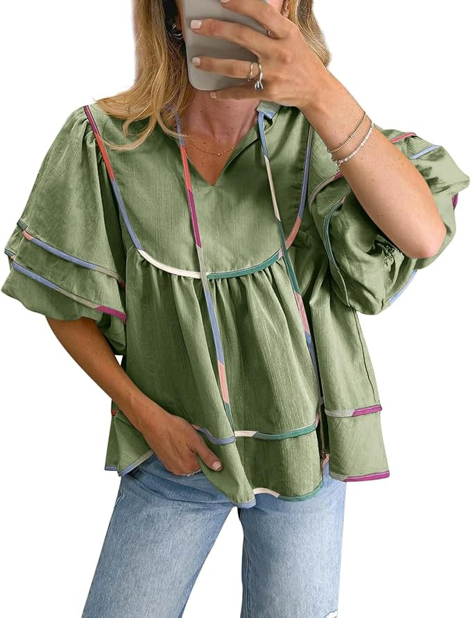 Cicy Bell Womens Summer Babydoll Tops V Neck Short Lantern Sleeve Shirts Cute Loose Fit Peplum Fl... | Amazon (US)