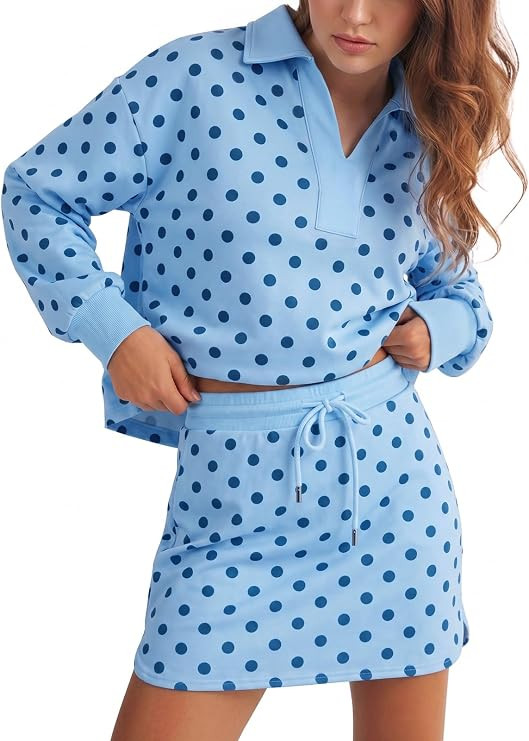 Fisoew Womens Polka Dot 2 Piece Outfits Casual Long Sleeve Sweatshirt Skirt Set Workout Skort Set... | Amazon (US)