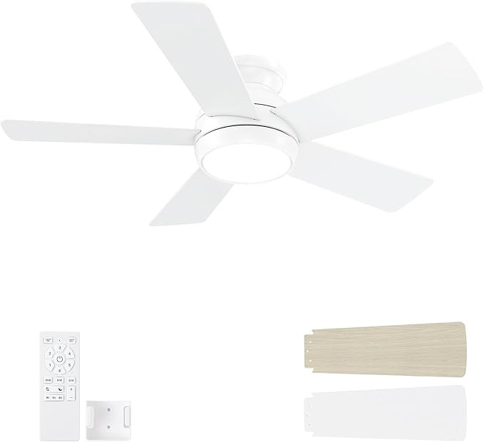 POCHFAN 42 Inch White Ceiling Fans with Lights and Remote, LED Low Profile Flush Mount Ceiling Fa... | Amazon (US)