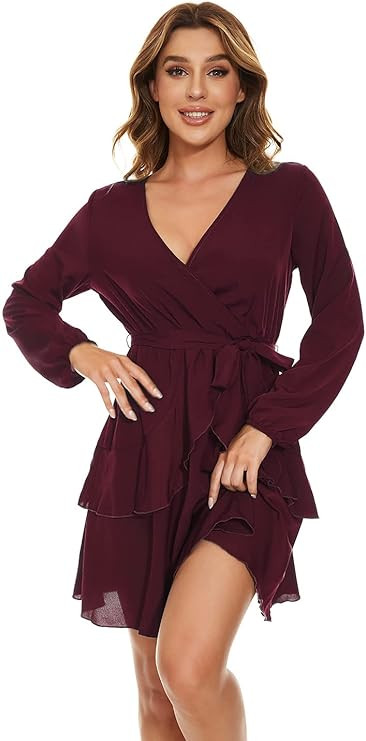 UGUEST Women Long Sleeve V Neck Dress, Floral Mini Cocktail Party Wedding Guest Dress with Belt | Amazon (US)