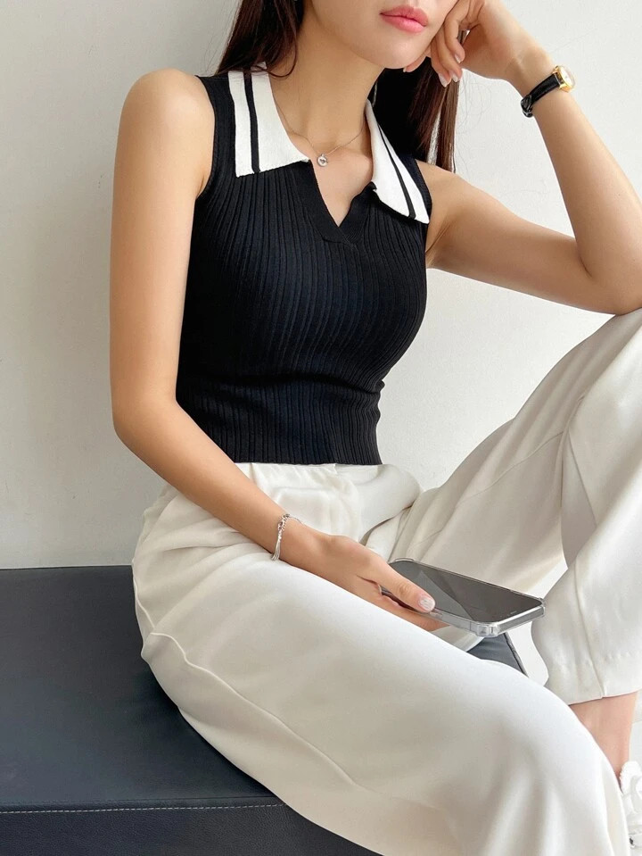 DAZY Contrast Collar Ribbed Knit Top | SHEIN
