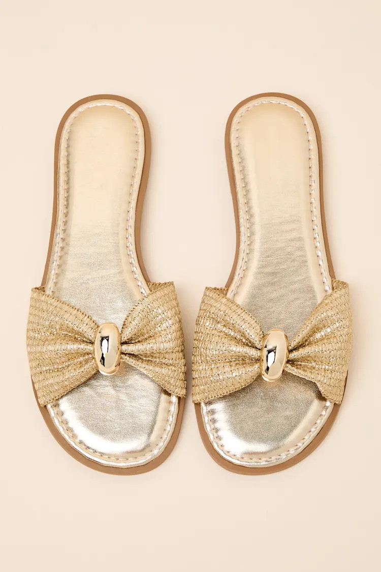 Nara Gold Raffia Slide Sandals | Lulus