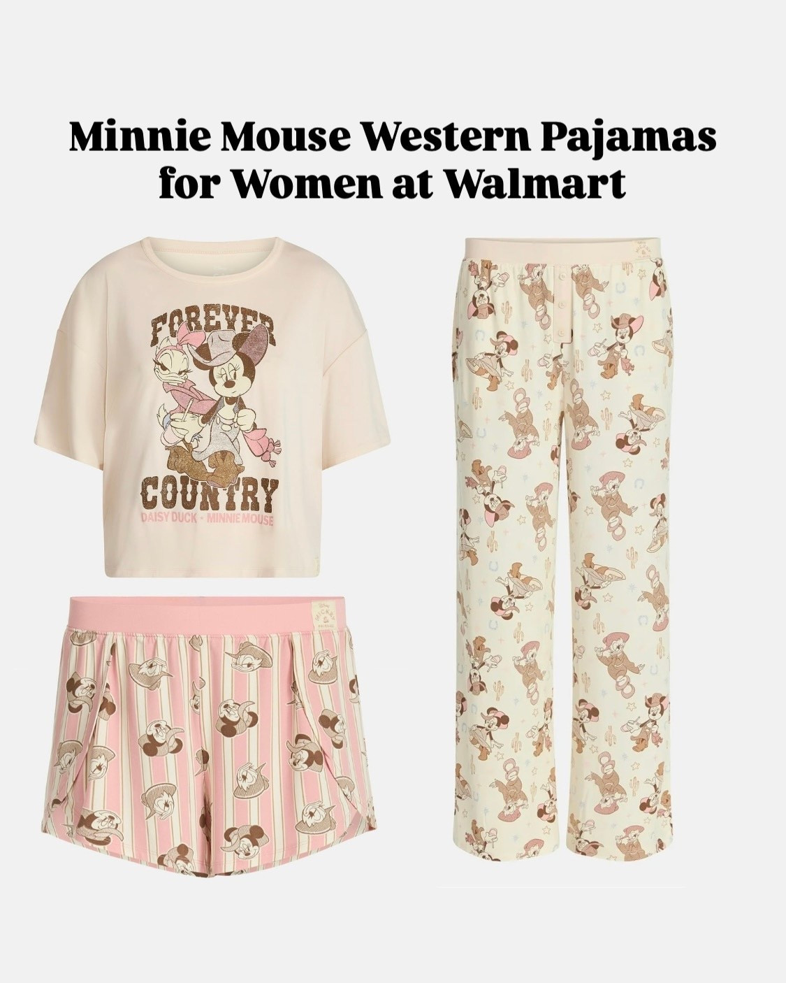 Minnie Mouse and Daisy Duck western cowboy pajamas with a shirt, shorts, and pants from Walmart. For women and so cute! 

#LTKTravel #LTKootd #LTKgrwm