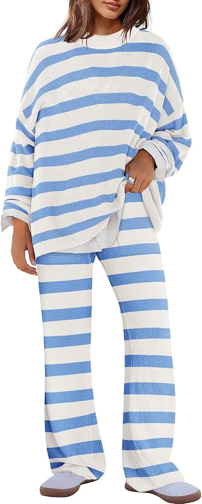 Panadila Womens Oversized Lounge Sets Striped Sweater Set 2 Piece Pajama Set Long Sleeve Top and ... | Amazon (US)