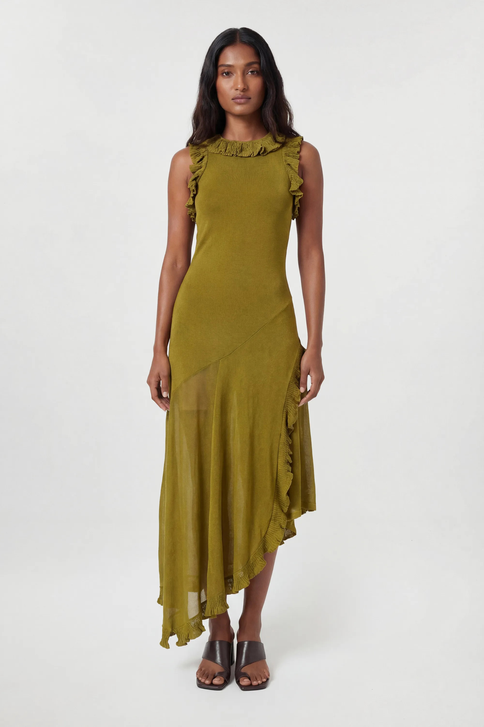 Olive Ruffle Trim Knitted Maxi Dress | Karen Millen | Karen Millen