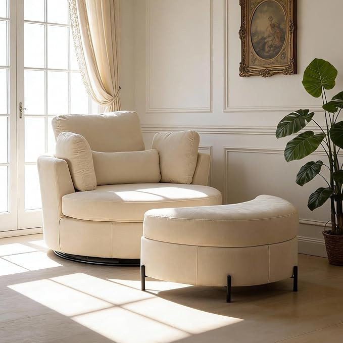 Aoiy & Wifon 50'' W Oversized Swivel Barrel Chair with Storage Ottoman, Beige Round Accent Chair ... | Amazon (US)