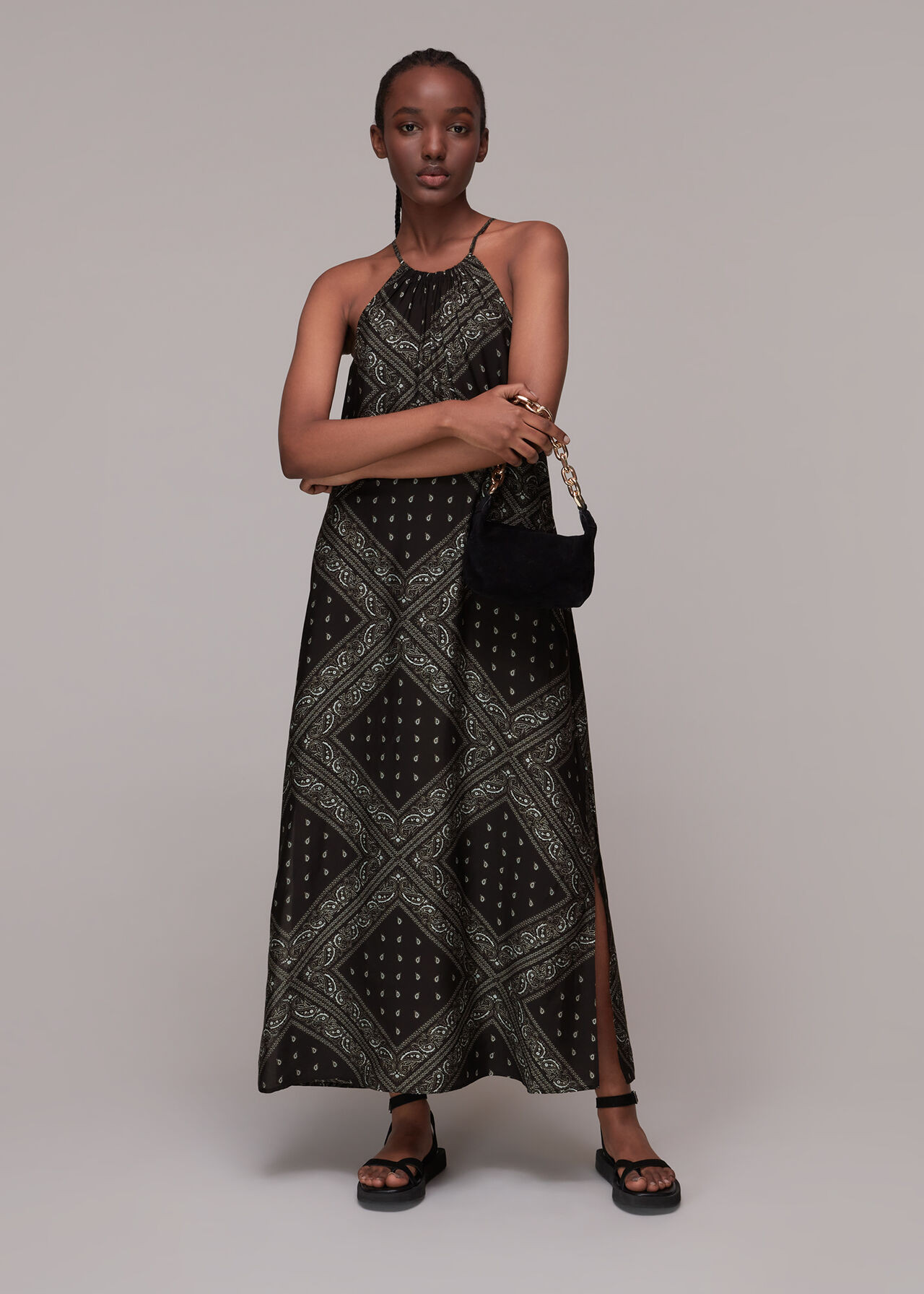 Black/Multi Bandana Print Halter Dress | WHISTLES | Whistles | Whistles