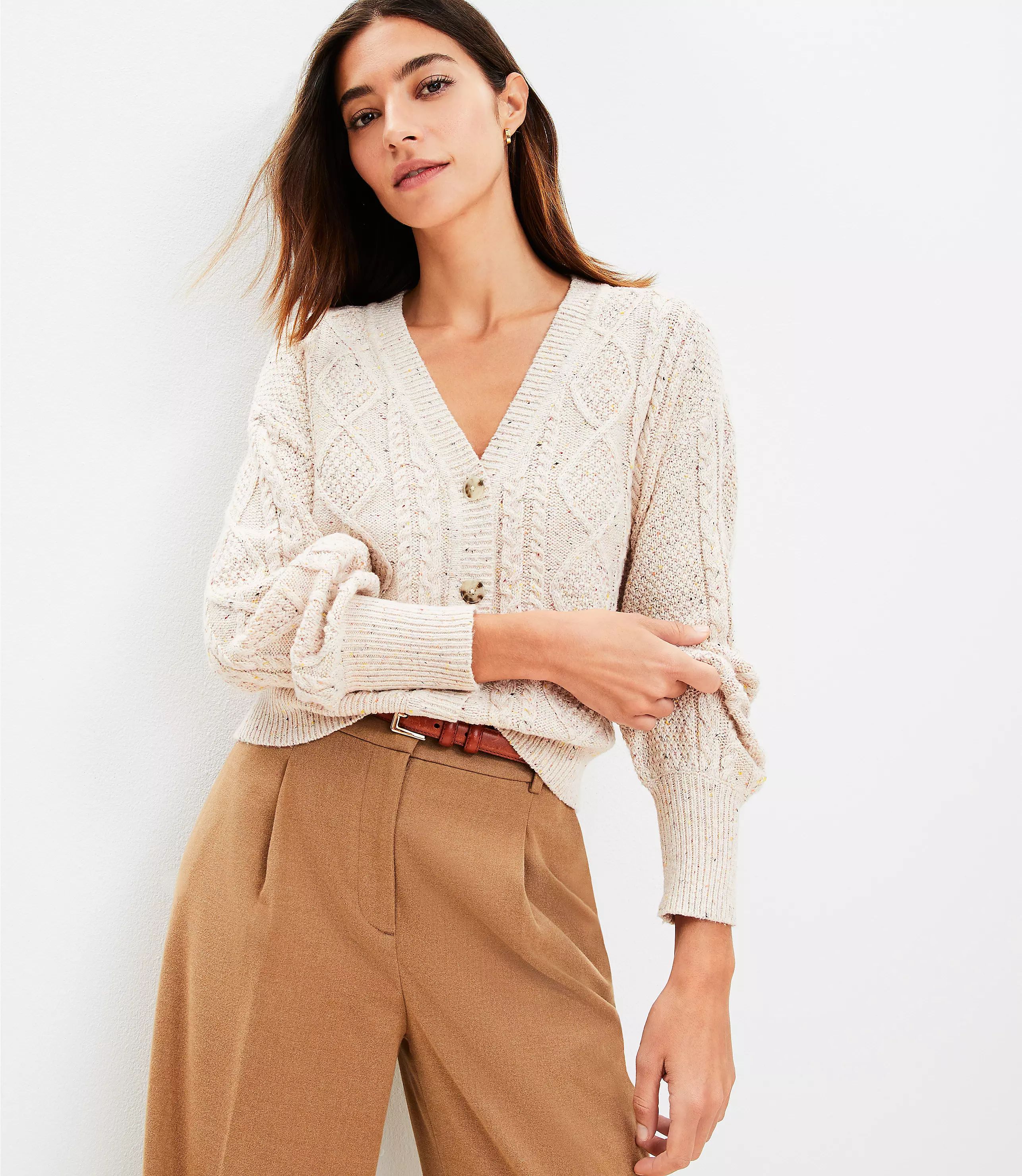 Flecked Cable V-Neck Cardigan | LOFT