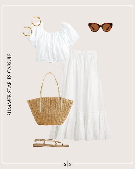 Summer Staples Capsule Wardrobe outfit idea | white midi skirt, cropped white blouse, straw tote bag, nude strap sandal, sunglasses, gold hoops 

See the entire Summer Staples Capsule Wardrobe on thesarahstories.com ✨ 


#LTKStyleTip