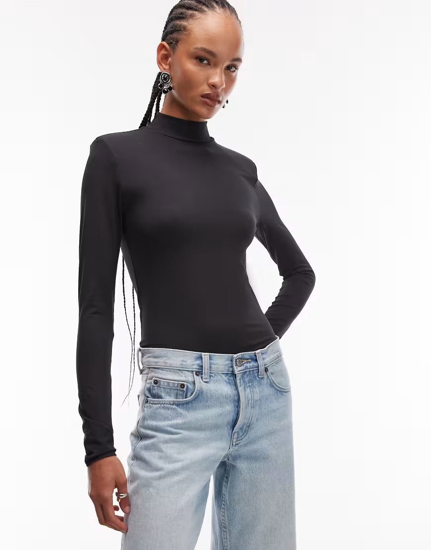 ASOS DESIGN slinky high neck shoulder pads long sleeve bodysuit in black | ASOS (Global)