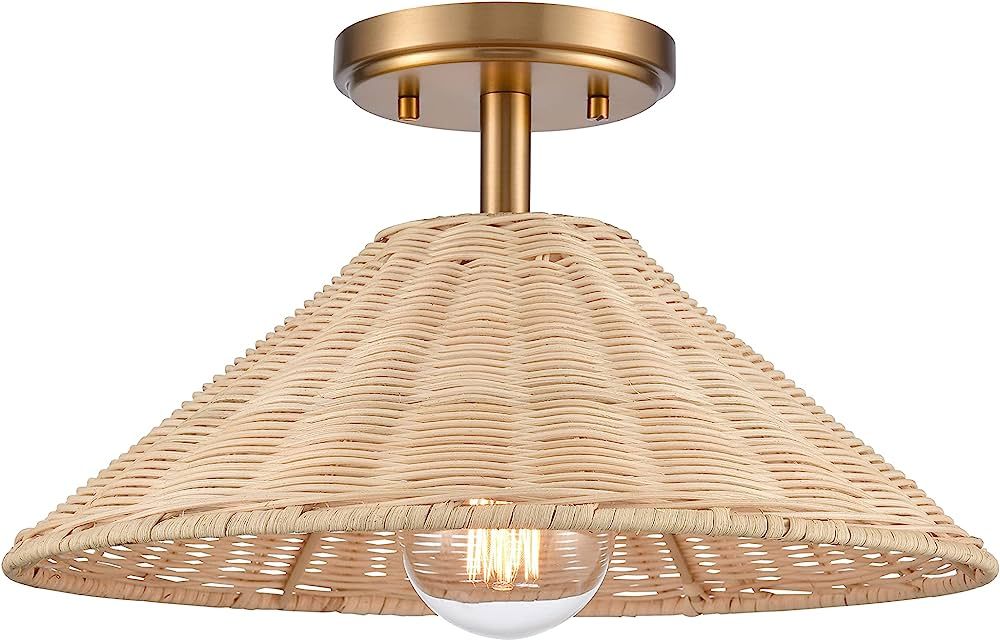 Elk Home EC89754/1 Rydell 14'' Wide 1-Light Semi Flush Mount with Brushed Gold and Rattan | Amazon (US)