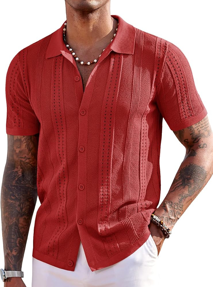 COOFANDY Men's Knit Shirts Short Sleeve Button Down Polo Shirt Fashion Casual Summer Beach Shirts | Amazon (US)