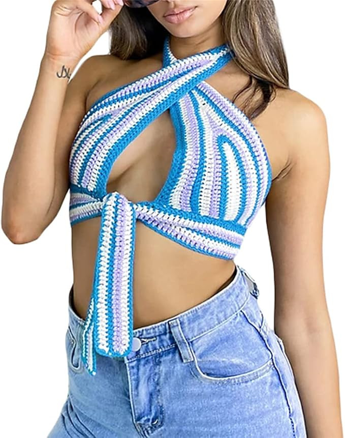 Women Sexy Boho Crochet Halter Vest Slim Cami Top Stripe Knitted Sleeveless Backless 90S Crop Tan... | Amazon (US)