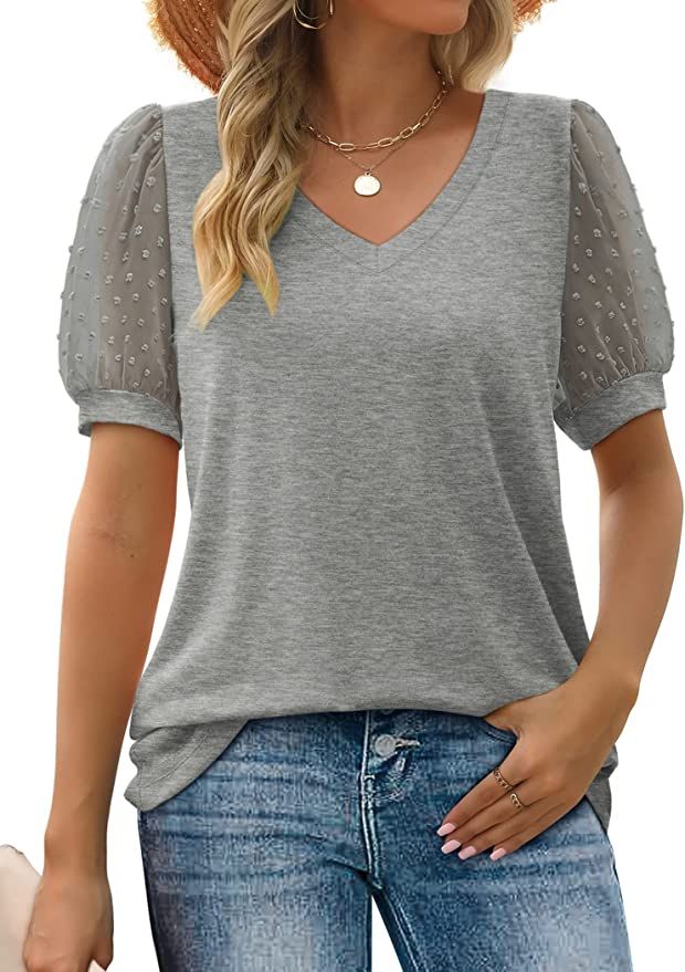 Aokosor Womens Summer Tops V Neck T Shirts Swiss Dot Puff Sleeve Tops Loose Casual Tshirts | Amazon (US)