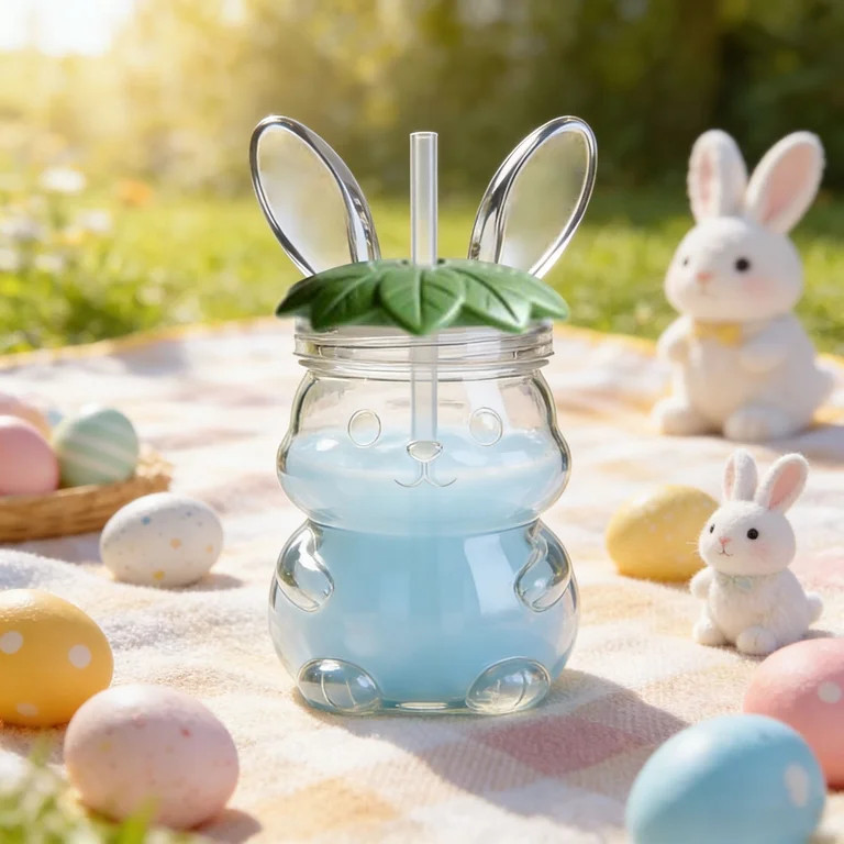 Junepar Easter Bunny Glass Cup Rabbit Straw Cup Glass Cups with Green Lids & Straws Cute Bunny Mu... | Walmart (US)
