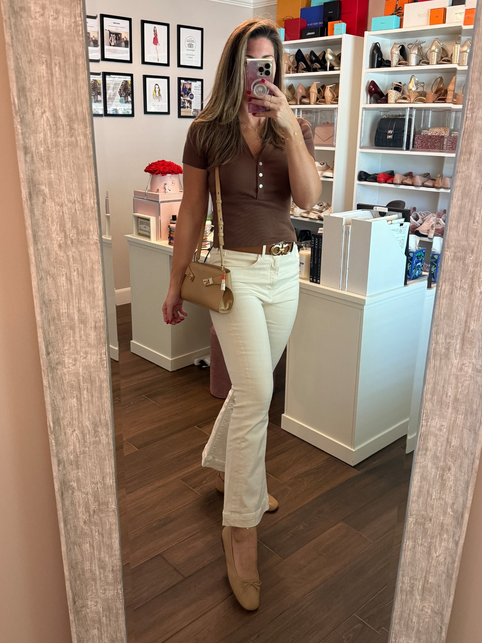 STYLE TIP: Pick three neutrals to pair together. Here, I’m sporting cream, tan and brown. Always a winning combo! 🤎

My henley shirt runs TTS and is currently on sale! Wearing a size S.

My kick flare jeans run small. I sized up to 29. 

My ballet flats run TTS and are  so comfy! 

#LTKTall #LTKSaleAlert #LTKOver40