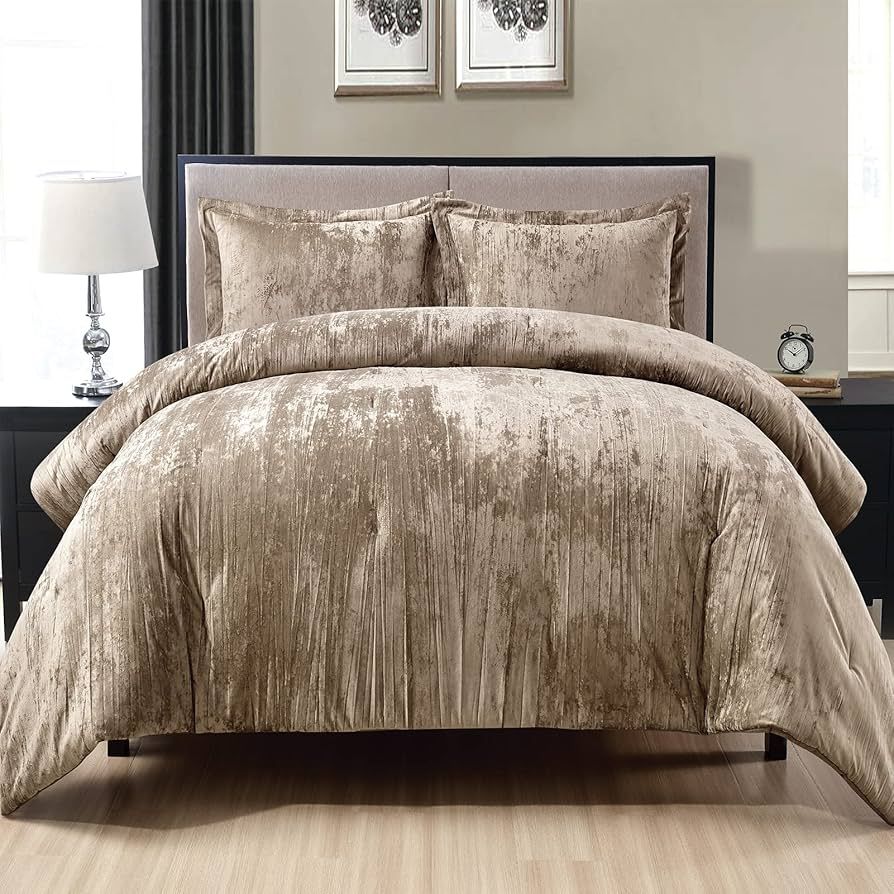 Fredsure Crinkle Velvet Comforter Set, 3 Pieces Khaki Queen, Crinkle Velvet Face and Brushed Micr... | Amazon (US)