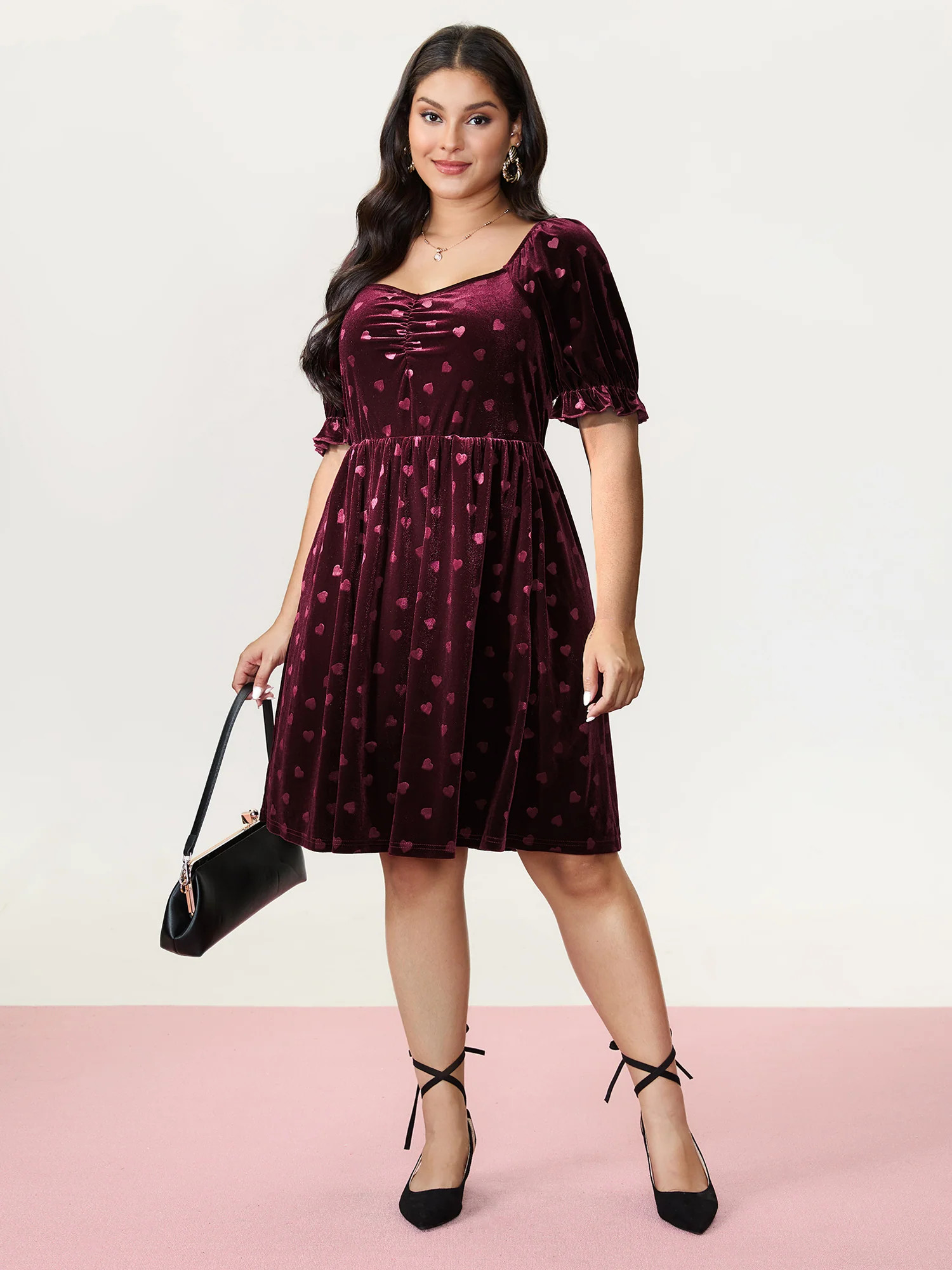 Heart Print Ruched Layered Sleeve Midi Dress | Bloomchic