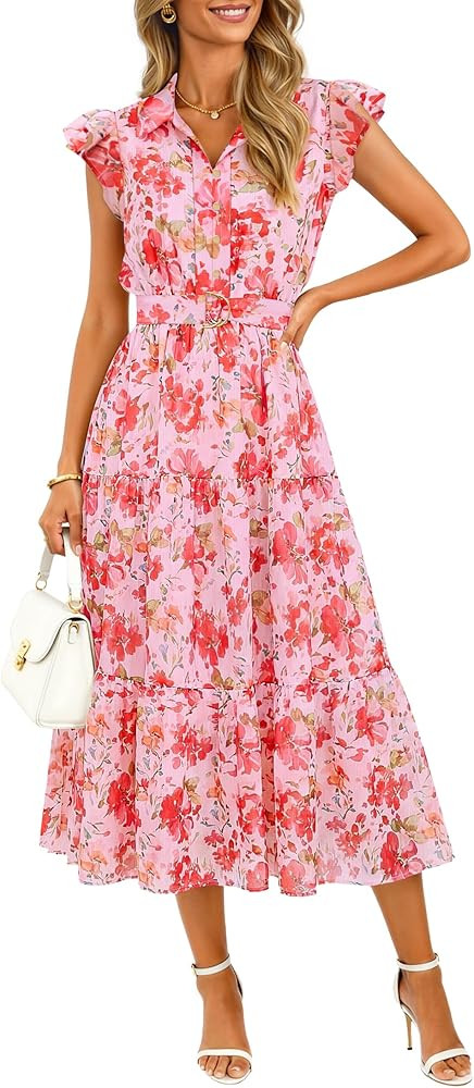 ZESICA Women's Summer Floral Midi Dress 2026 Casual Flutter Short Sleeve Chiffon Button Down Wedd... | Amazon (US)