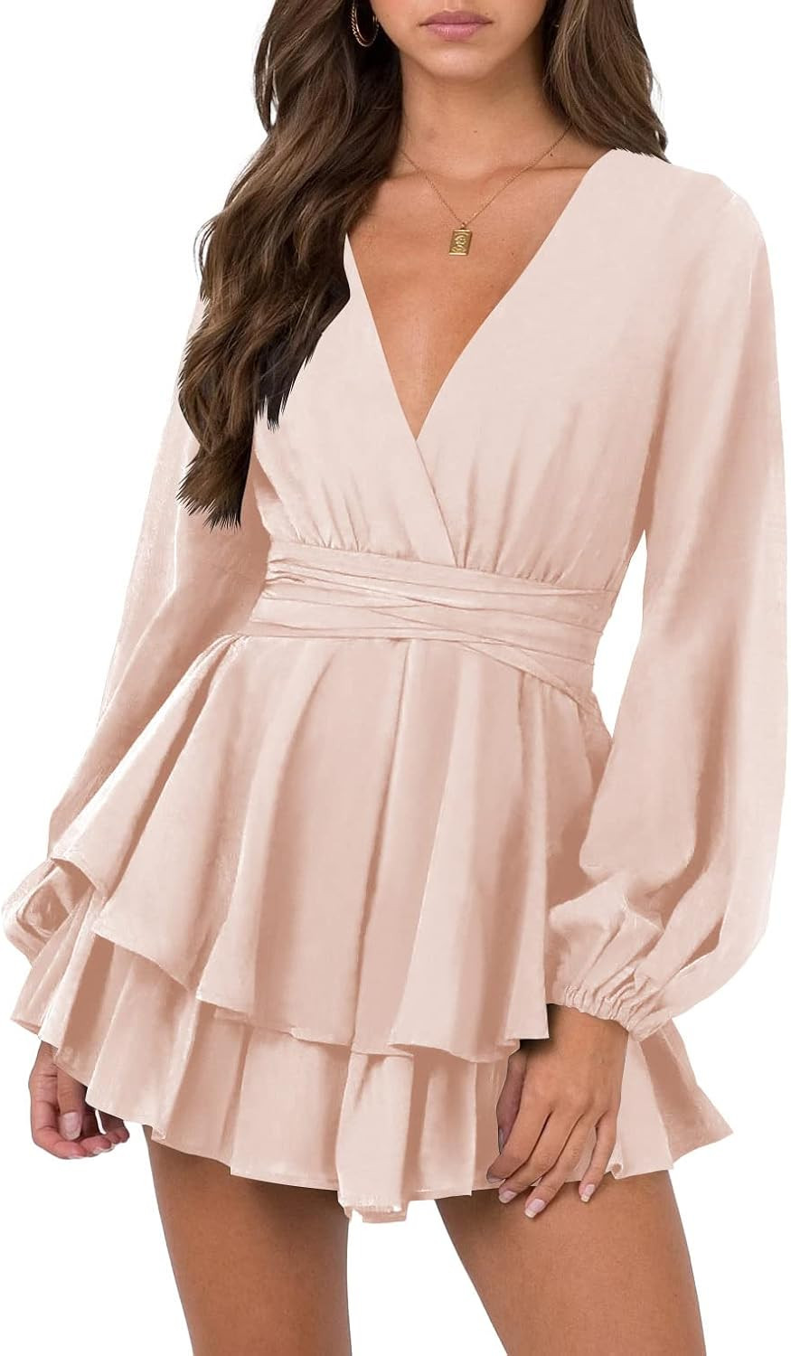 Nova In Sky Womens Sexy Deep V Neck Long Sleeve Tie Waist Ruffle Hem Flowy Swing Mini Short Wrap ... | Amazon (US)