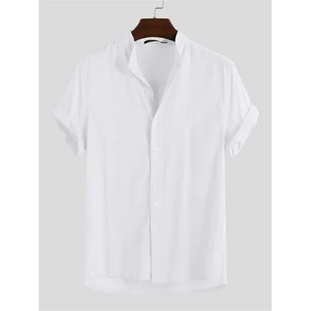 Men s Collarless Button Down Solid Color Short Sleeve Tops Shirt | Walmart (US)