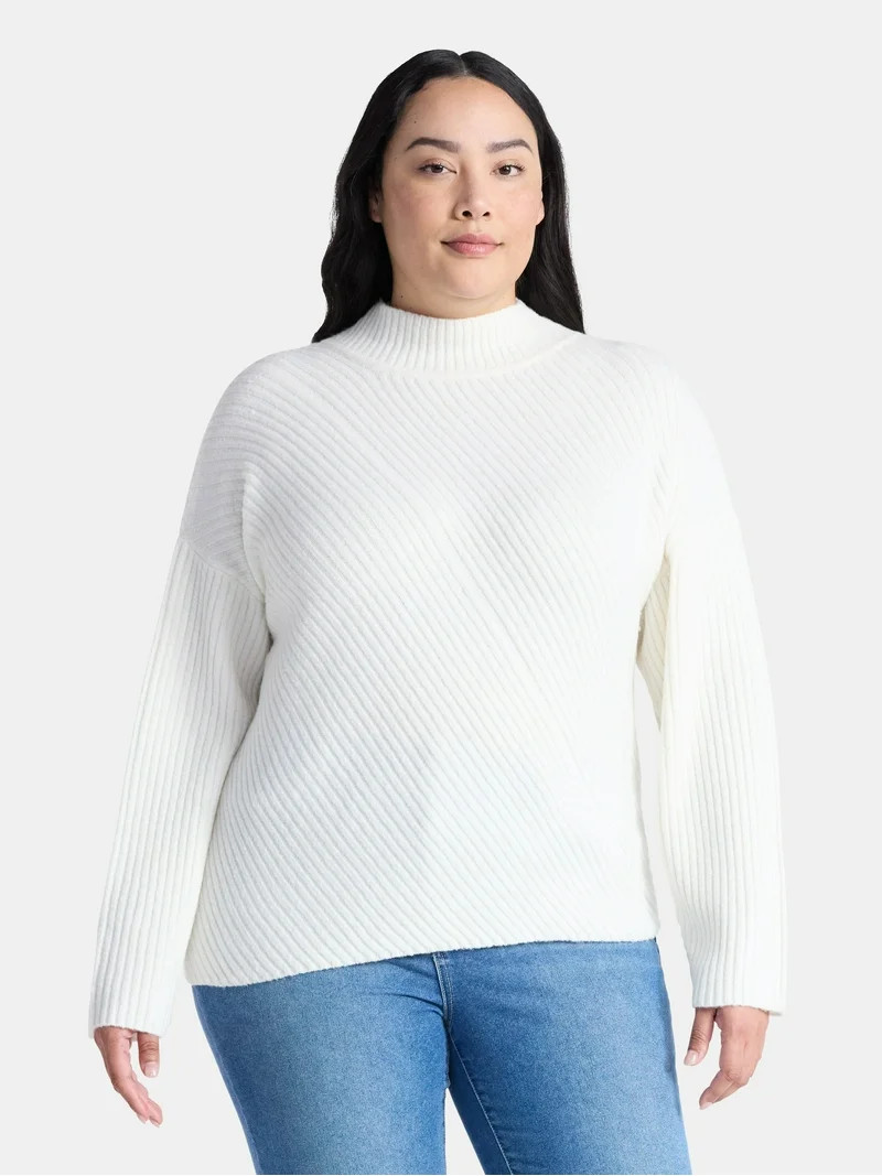Terra & Sky Women’s Plus Diagonal Ribbed Mock Neck Sweater, Lightweight, Sizes 0X-5X | Walmart (US)