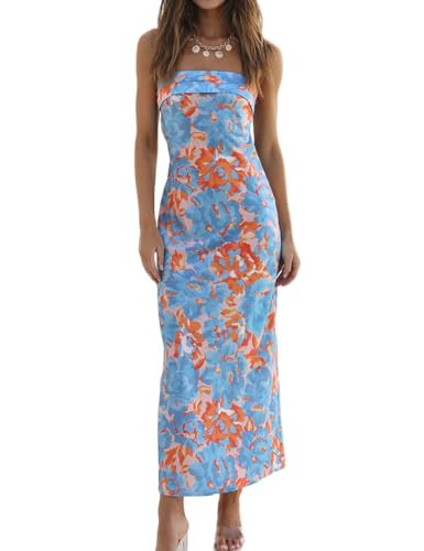 Realtix Summer Satin Print Backless Tube Tops Maxi Dress for Women Low Back Hollow Out Elegant Strapless Long Dresses Wedding Guest | Amazon (US)
