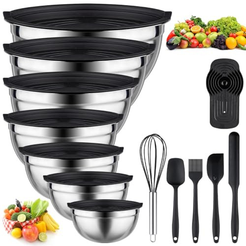 Mixing Bowls with Lids set - 26 PCS Stainless Steel Nesting Black Mixing Bowls Set for Baking, Mixing, Serving & Prepping, Size 5, 3.7, 2.8, 2.3, 1.7, 1.1, 0.7QT, 11 Cooking Utensils | Amazon (US)