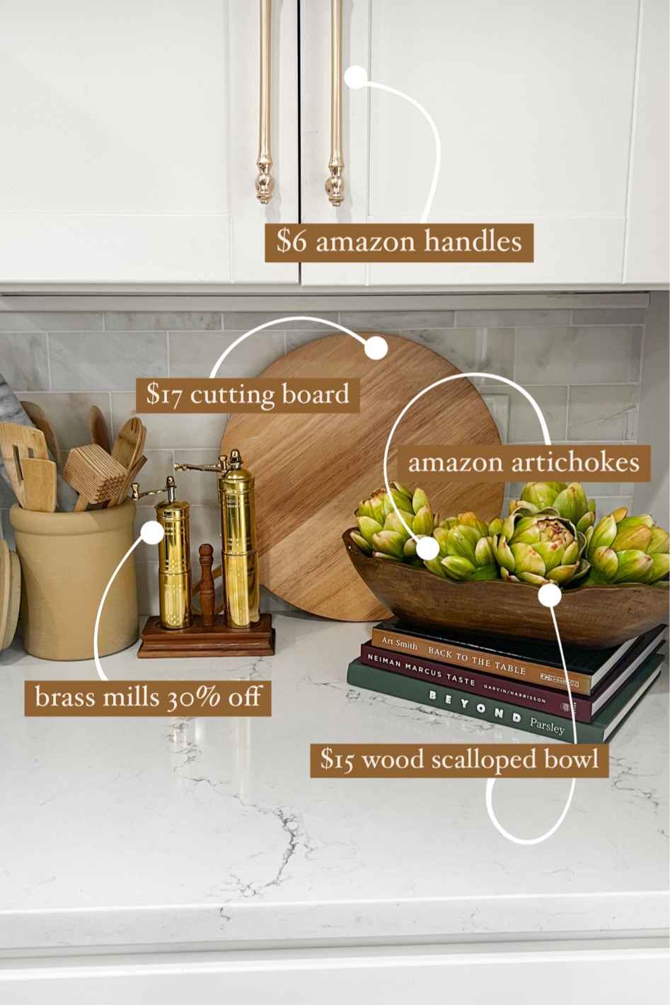 5 best selling kitchen decor and accessories including artichokes, handles, brass mills, new wood scalloped bowl 

#LTKfindsunder100 #LTKsalealert #LTKhome
