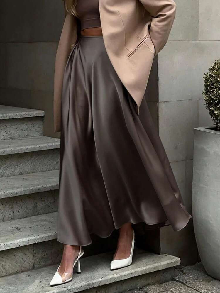 EARO Damen Europäischer Und Amerikanischer Mode Eleganter Satin Hochwertiger Vielseitiger Rock, Hochtaillierter Schlankheitsformender Dehnbarer Knielanger A-Linien Ausgestellter Rock, Herbst/Winter | SHEIN