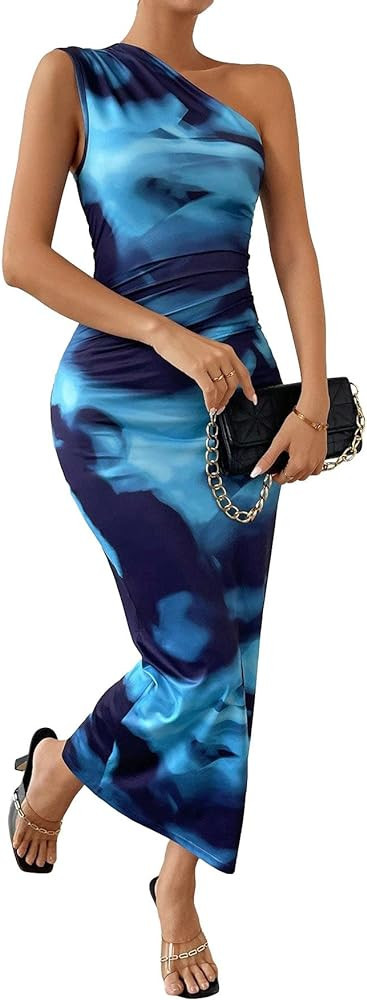 MakeMeChic Women's Tie Dye One Shoulder Sleeveless Dresses Bodycon Ruched Cut Out Maxi Long Dress | Amazon (US)