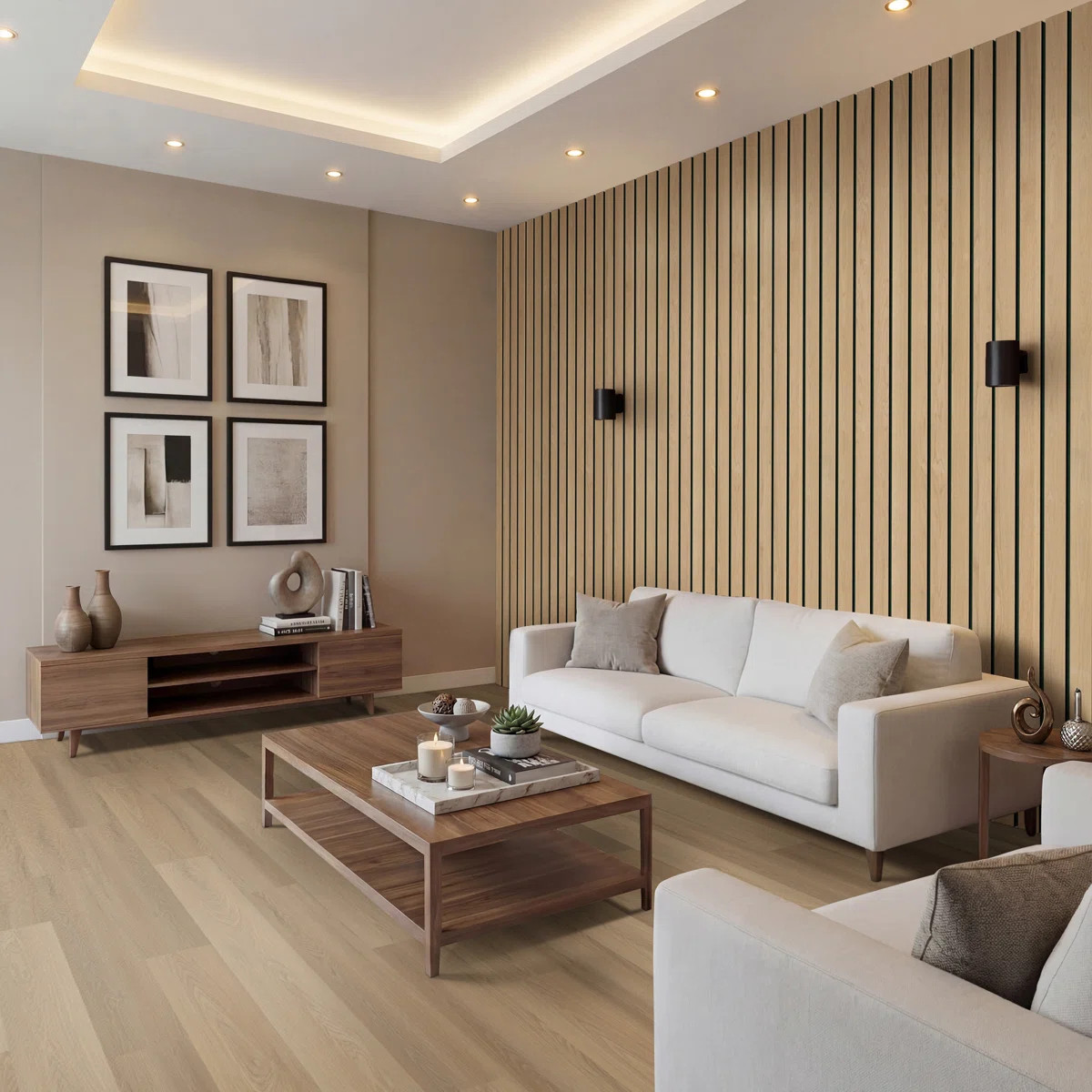 SereniSlats Canvas 94.5 in. x 10.63 in. Tan Acoustic Wall Panel, 3D Fluted Wide Slat Wood Sound A... | Wayfair North America