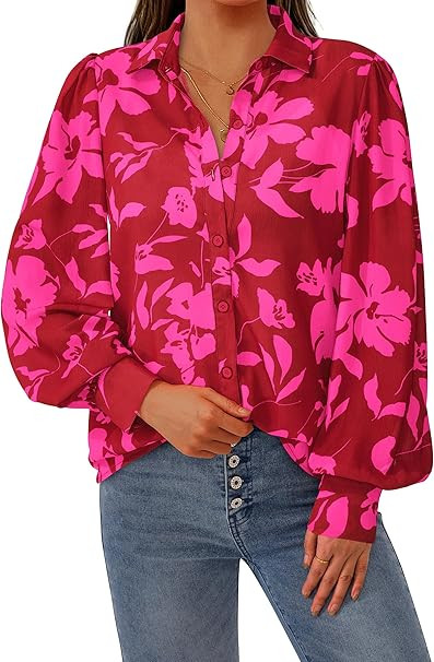 PRETTYGARDEN Women's Floral Blouses Dressy Casual V Neck Button Down Shirts Lantern Long Sleeve B... | Amazon (US)