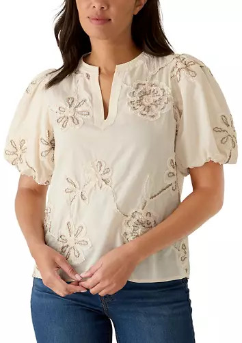Women's Puff Sleeve Split Neck Embroidered Floral Blouse | Belk