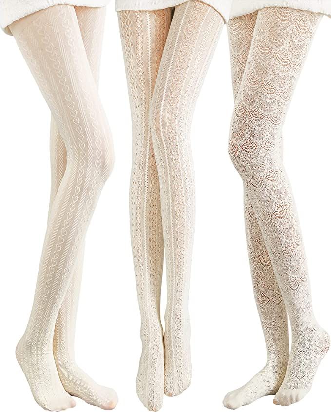 JaGely 3 Pieces Women Fishnet Hollow out Knitted Patterned Tights Chiffon Lace Stockings Tights V... | Amazon (US)