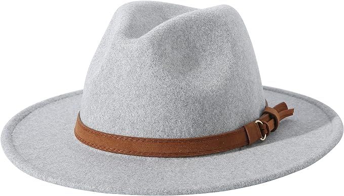 Lanzom Women Lady Felt Fedora Hat Wide Brim Wool Panama Hats with Band | Amazon (US)