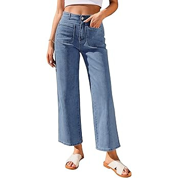 GRAPENT Wide Leg Jeans for Women High Waisted Straight Leg Stretchy Cropped Denim Pants with Pock... | Amazon (US)