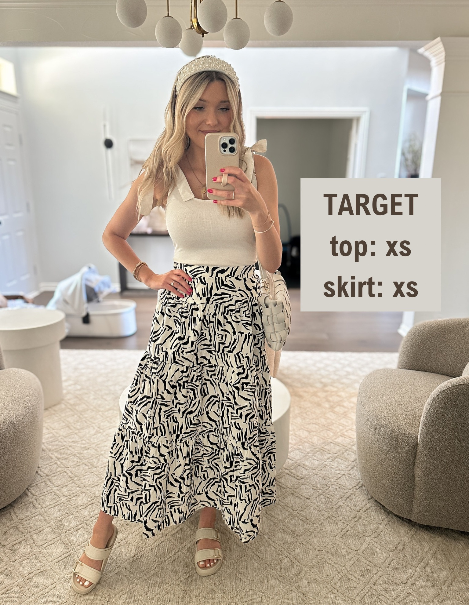 Everything I’m wearing is target! Purse is Anthropologie 

I usually wear a size S in most things but run between S and XS at target. Shoes are true to size. Love this headband that goes with everything! The quality of this skirt is great, can pair with black or white top and dress it up or down 

The top is adorable and comes in more colors. It’s labeled as white but I’d call it more of a cream color 

(Summer style, maxi skirt, midi skirt, tank top, white top, cream top, womens fashion, headband, summer sandals, spring sandals, brunch, party outfit, church outfit, dress up, ootd, target finds, budget friendly, black and white, neutral)



#LTKSummerSales #LTKFindsUnder50 #LTKStyleTip